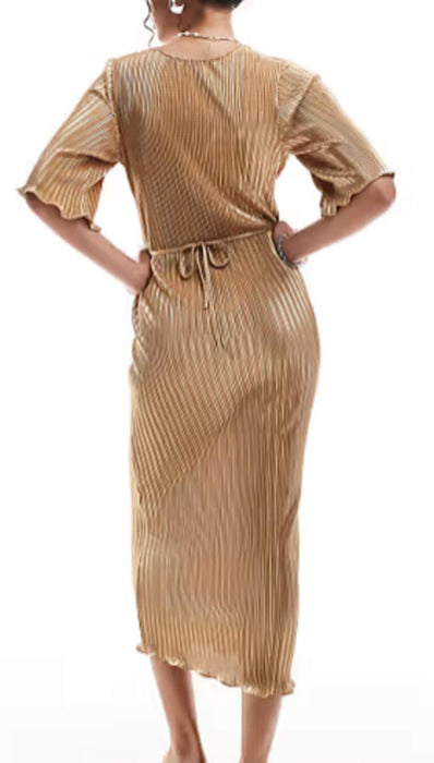 Never Fully Dressed flutter sleeve plisse midaxi dress Gold - Size Uk XL