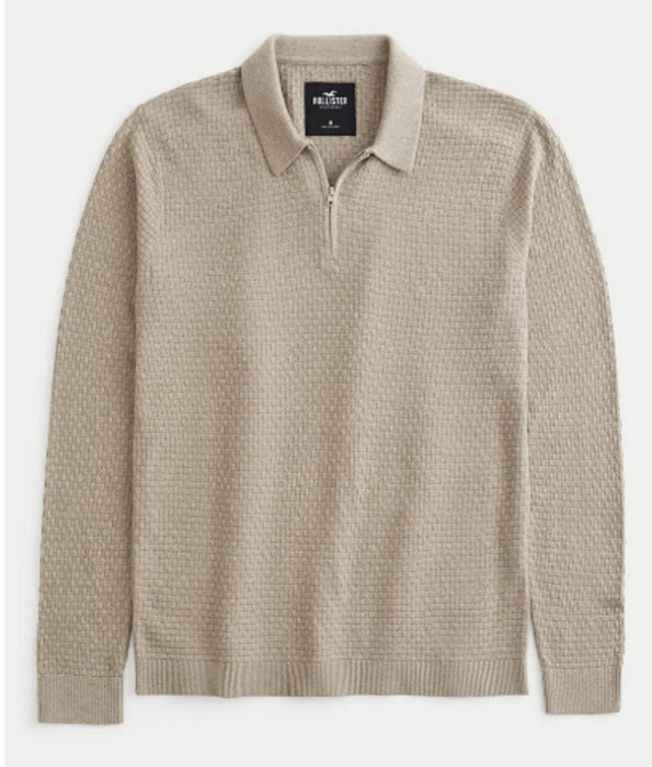 Hollister Textured Long-Sleeve Sweater Polo - Dark Heather Tan - XLarge