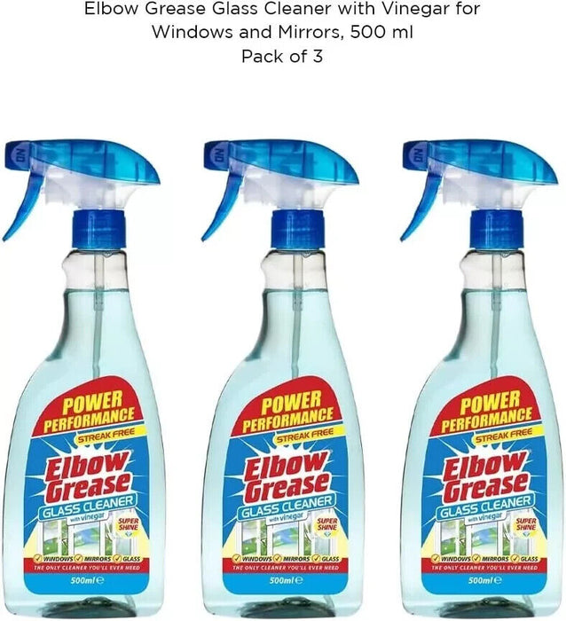 3 x Elbow Grease Glass Cleaner with Vinegar, Streak Free, Super Shine-500ml.