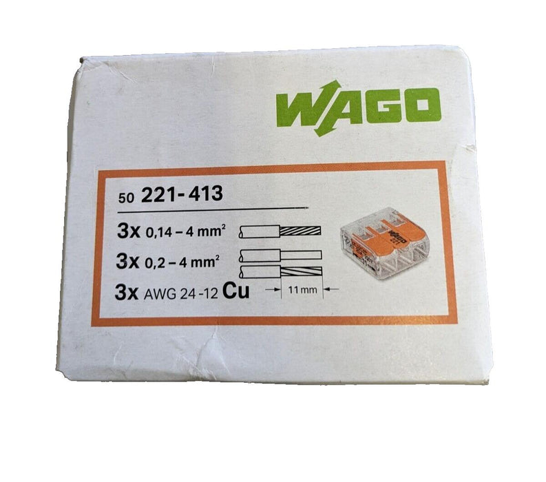 WAGO 221 SERIES 3 PIN CONNECTOR 413 REUSABLE Electrical Wire connector Box of 50