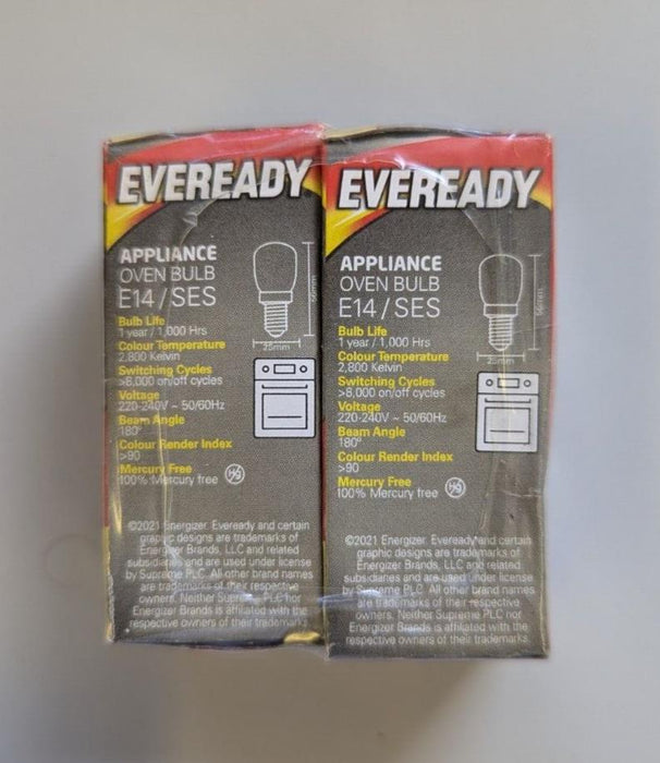 Oven Bulb 300°C Cooker Appliance Lamp Light 25W 240V SES E14 Eveready 2 Pack