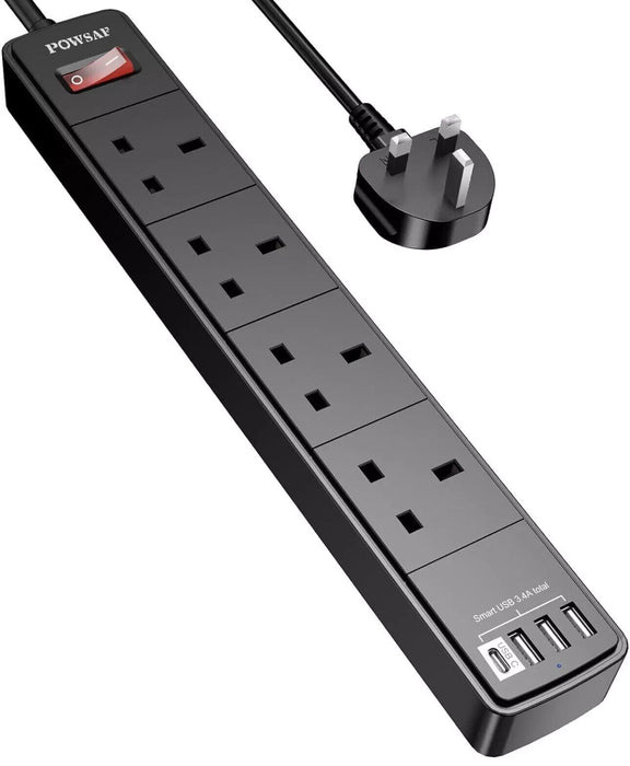 Extension Lead with 4 USB Slots (3.4A, 1C and 3A Ports),POWSAF Power Strip...