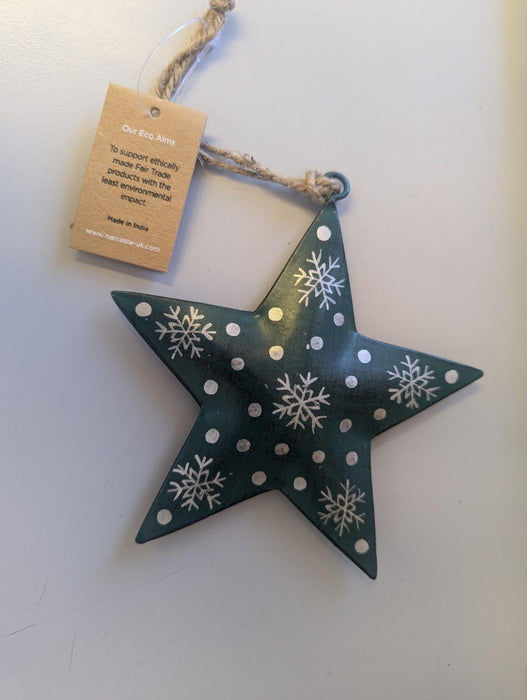 Namaste Hanging Green Star With Silver Snowflakes Christmas Tree Decoration 12 x