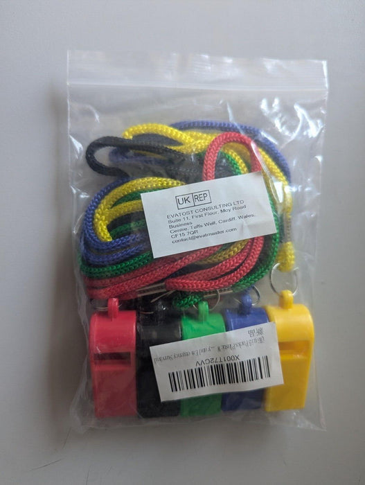 Plastic Whistles With String Multiple Colours 5 pack