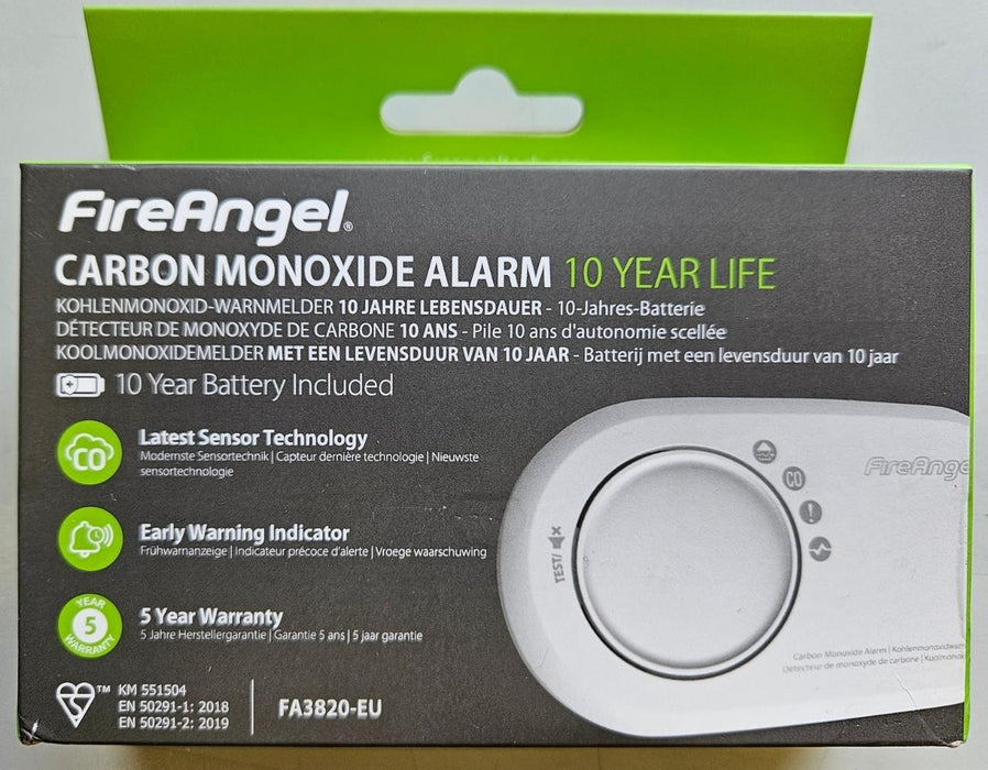 Brand New FireAngel FA3820‑EU 10‑Year Battery Carbon Monoxide Detector Alarm
