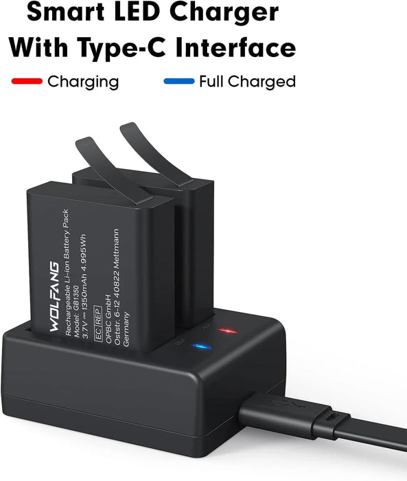 Action Camera Kit, Charging Kit with Two 1350 Mah Batteries & USB Charger GB1350