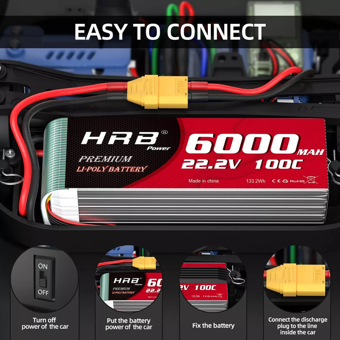 HRB 6S LiPo Battery 22.2V 6000mAh 100C XT90 Plug for RC Car Truck Airplane
