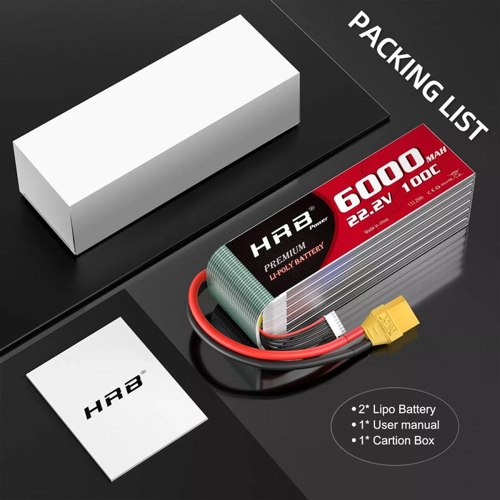 HRB 6S LiPo Battery 22.2V 6000mAh 100C XT90 Plug for RC Car Truck Airplane