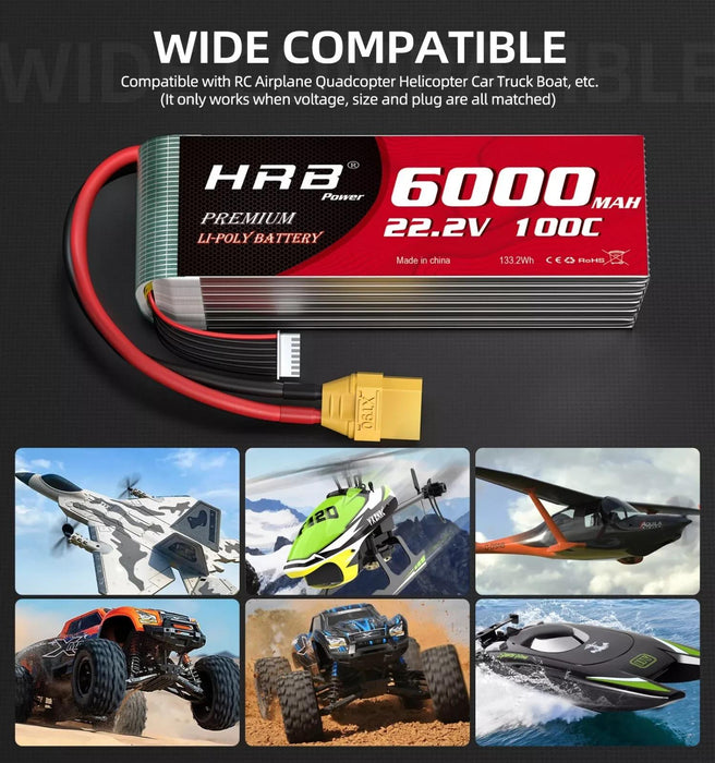 HRB 6S LiPo Battery 22.2V 6000mAh 100C XT90 Plug for RC Car Truck Airplane