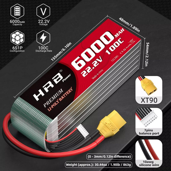 HRB 6S LiPo Battery 22.2V 6000mAh 100C XT90 Plug for RC Car Truck Airplane