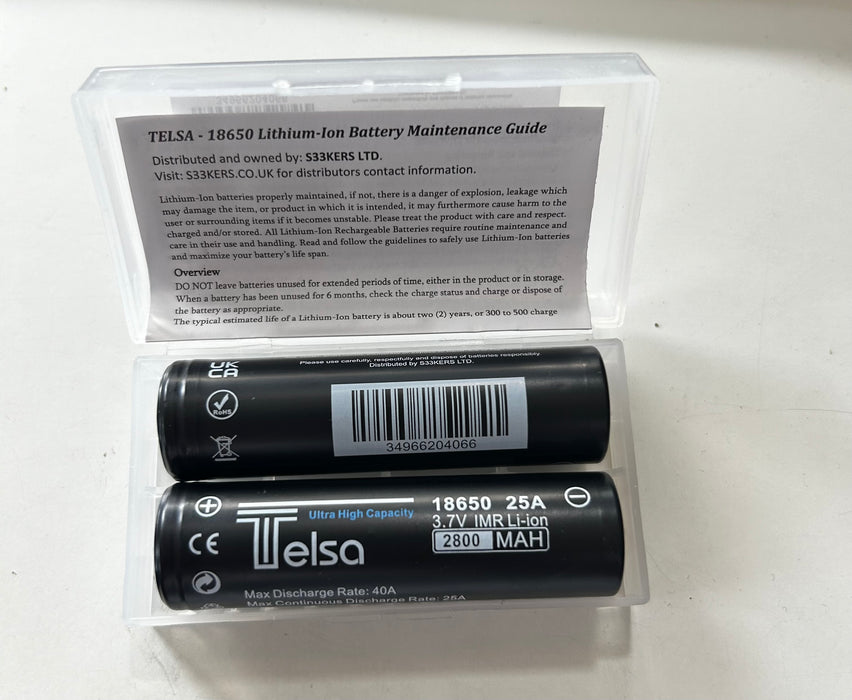 2 Pack Telsa Ultra High Capacity 18650 3.7v 2800mAh 10.36Wh Made In Swindon UK