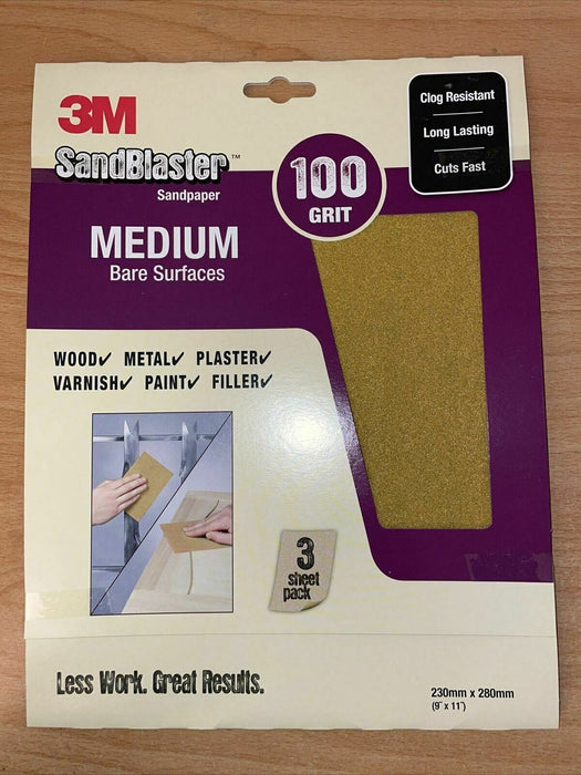 Sandpaper 100 Grit Medium 3 Sheet 2x Pack 3M Sandblaster 230mm x 280mm (9"x11")