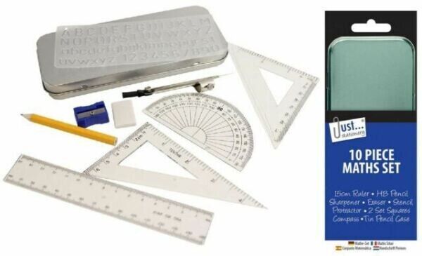 10 Piece Maths Set - Geometry Compass Ruler Protector School College in Tin Case