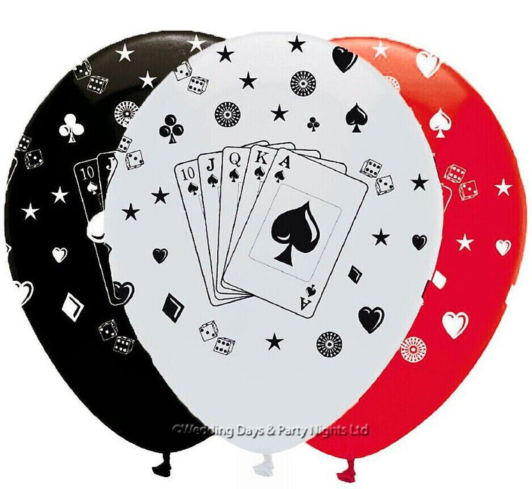 6 Casino Cards + Dice Helium/Air Balloons Birthday Poker Party Decor Black Red