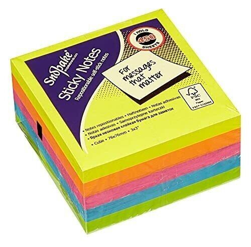 76 x 76 mm Neon Assorted Sticky Notes [Cube of 450 Sheets] 11702,