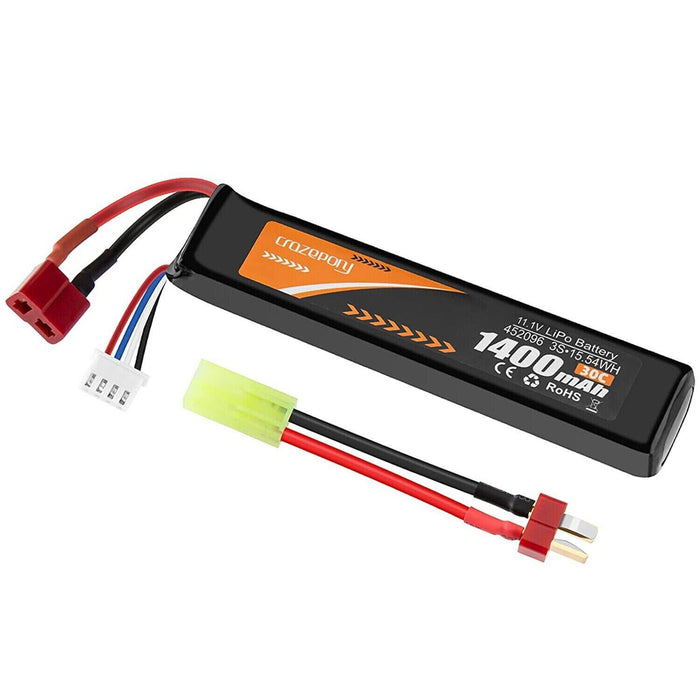 11.1V 1400mAh 30C 3S LiPo Battery with T Plug to Mini Tamiya Cable for Airsoft