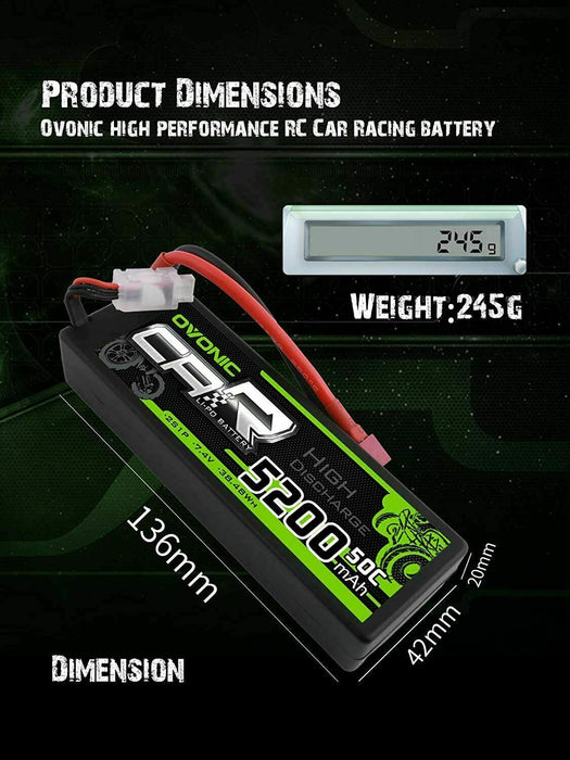 Ovonic 2s Lipo Battery 7.4V 50C 5200mAh RC Lipo Batteries HardCase Dean-Style x2