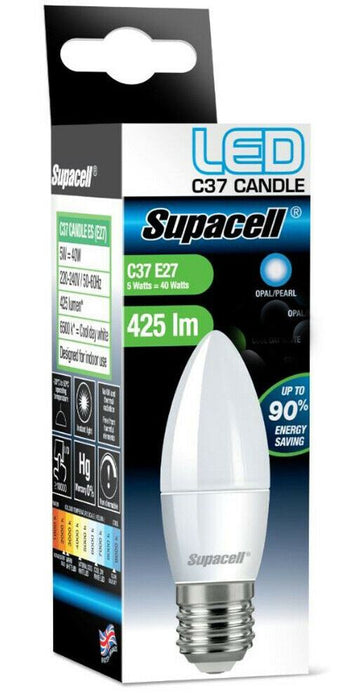 Supacell LED Screw Bulb Opal/Pearl Warm White Non Dimmable C37 E27 470 lm 5w