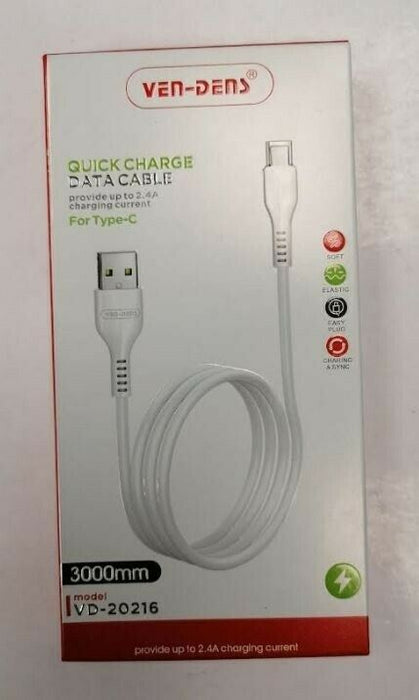 Type C Data Charging & Sync Cable - White -Quick Charge Cable Ven-Dens VD-20216