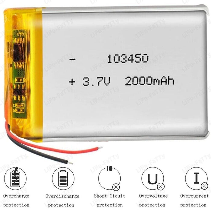 3.7v 2000mAh 103450 Lithium Polymer Battery Bluetooth Dashcam Li-po Lipo RC