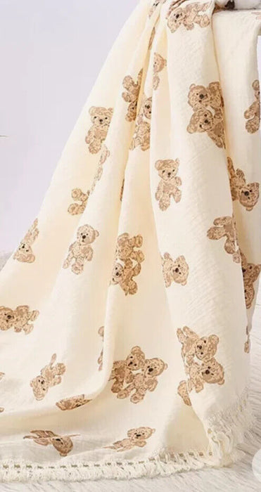 Soft Cotton Teddy Tassel Muslin Blanket Beige New