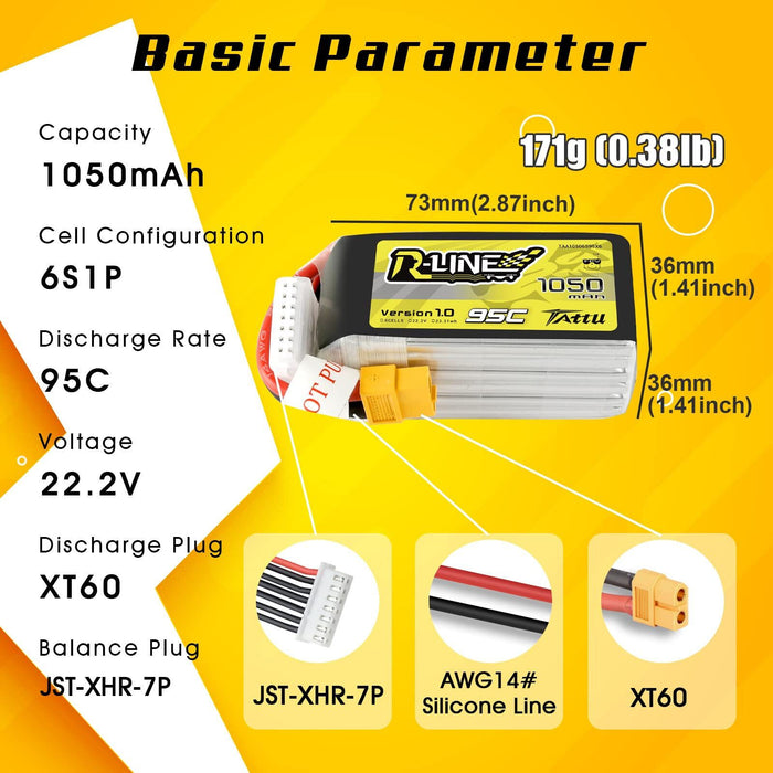 Tattu R-Line 22.2V 1050mAh 95C 6S LiPo Battery Pack with XT60 Plug