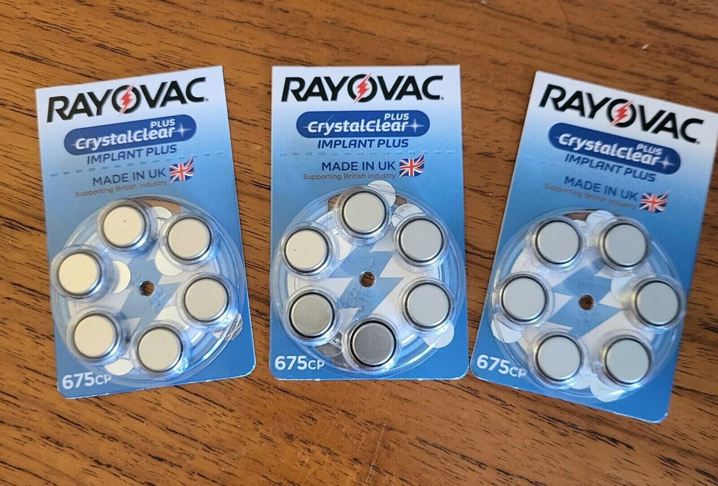 18 Rayovac Crystal Clear Implant Plus Hearing Aid Batteries 675CP - 3 packs of 6
