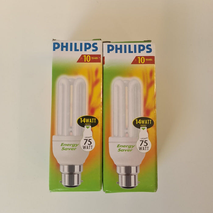 2 x Phillips B22 Energy Saver 14Watt = 75Watt Light Bulbs New